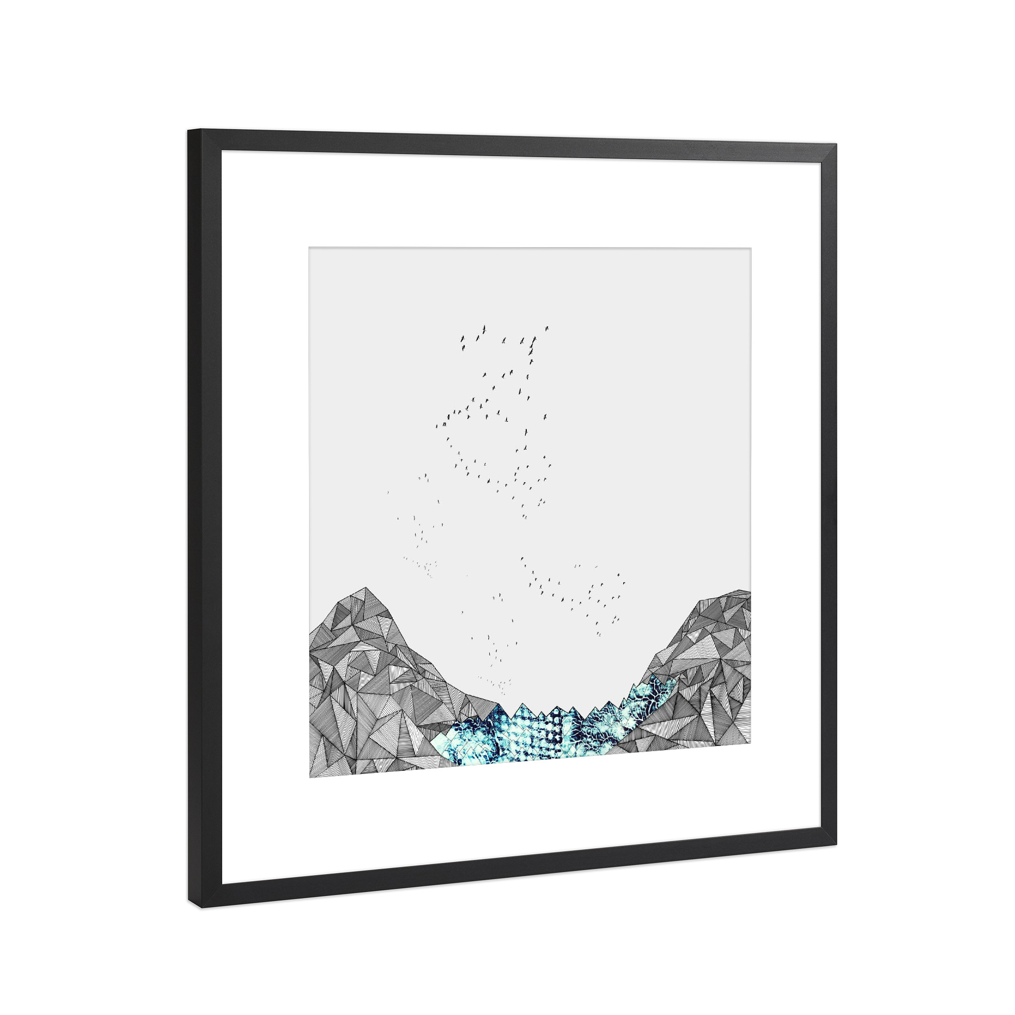 Poster mit Rahmen Schwarz (Metallic) "Geo Berg blau" artboxONE - Natur,Abstrakt,Geometrie - Geometrie,Berge,Struktur,Vögel,Landschaft,Natur