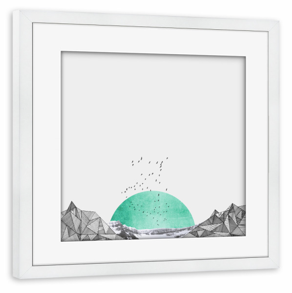 Poster mit Rahmen weiß "Geo Berg Türkis" artboxONE - Natur,Abstrakt,Geometrie - Geometric,Mountains,Türkis,Berge,Geometrie,Vögel,Natur,Landschaft