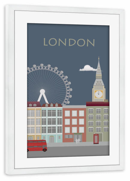 Poster mit Rahmen weiß "London 5" artboxONE - Städte / London - London,Großstadt,London eye,Big ben,Londonbus,Hauptstadt,Königin,Monarchie,Königshaus