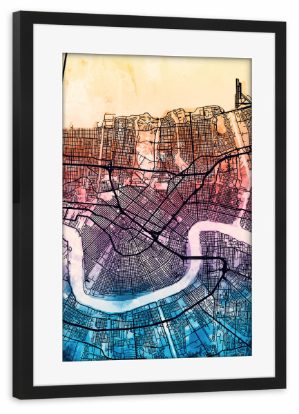Poster mit Rahmen schwarz "New Orleans Street Map 4" artboxONE - Städte,Kartografie