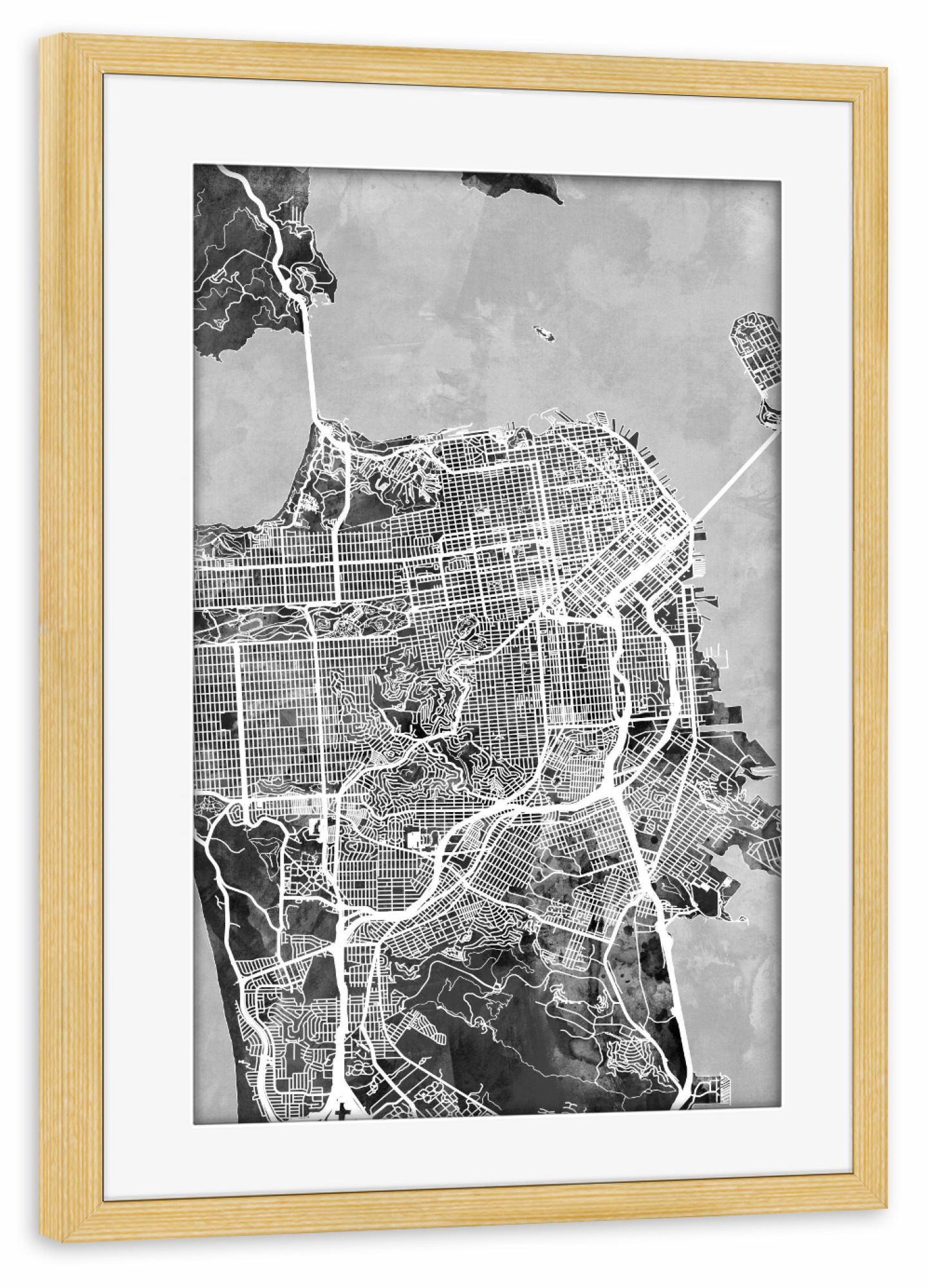 Poster mit Rahmen kiefer "San Francisco City Street Map 4" artboxONE - Städte,Schwarzweiß,Städte / San Francisco,Kartografie