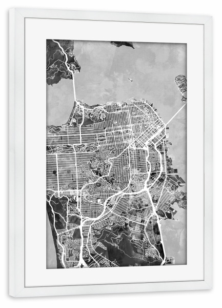 Poster mit Rahmen weiß "San Francisco City Street Map 4" artboxONE - Städte,Schwarzweiß,Städte / San Francisco,Kartografie