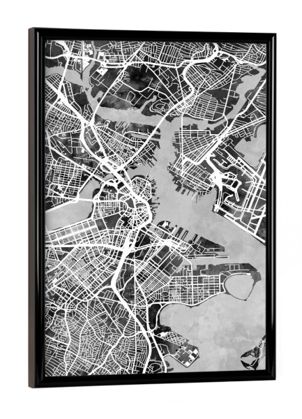 Poster mit schwarzem Rahmen "Boston Massachusetts Street Map 4" artboxONE - Städte,Schwarzweiß,Städte / Boston,Kartografie