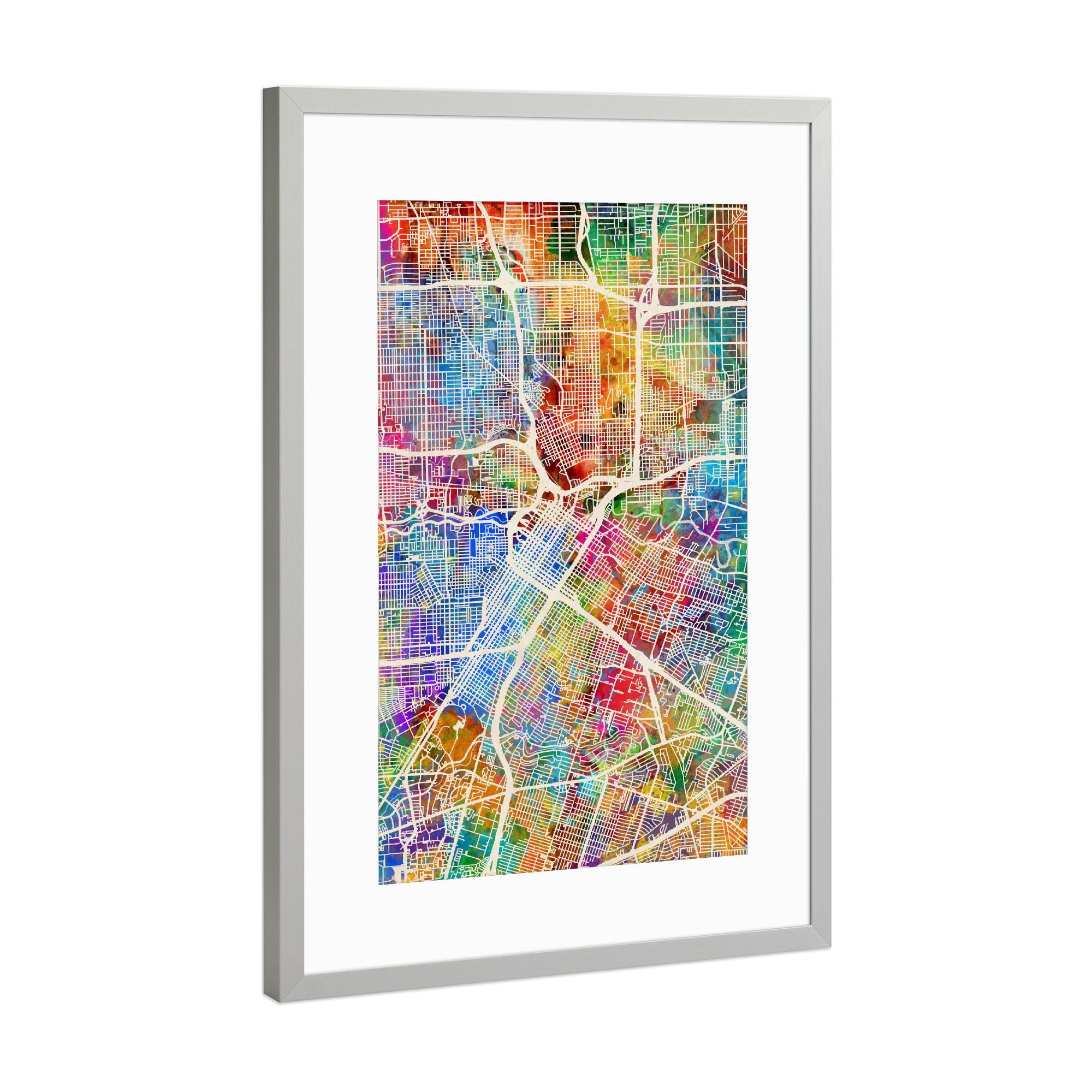 Poster mit Rahmen Silber "Houston Texas City Street Map 3" artboxONE - Städte,Kartografie