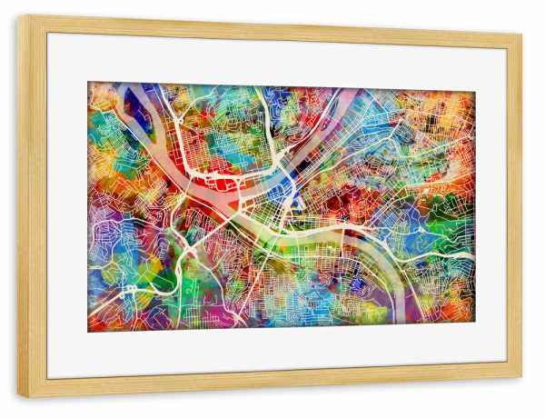 Poster mit Rahmen kiefer "Pittsburgh Pennsylvania Street Map 3" artboxONE - Städte,Kartografie