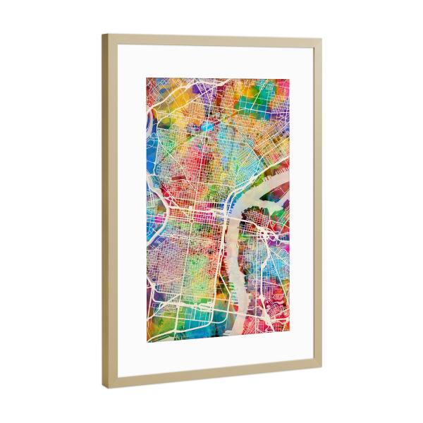 Poster mit Rahmen Gold "Philadelphia Pennsylvania Street Map 3" artboxONE - Städte,Kartografie