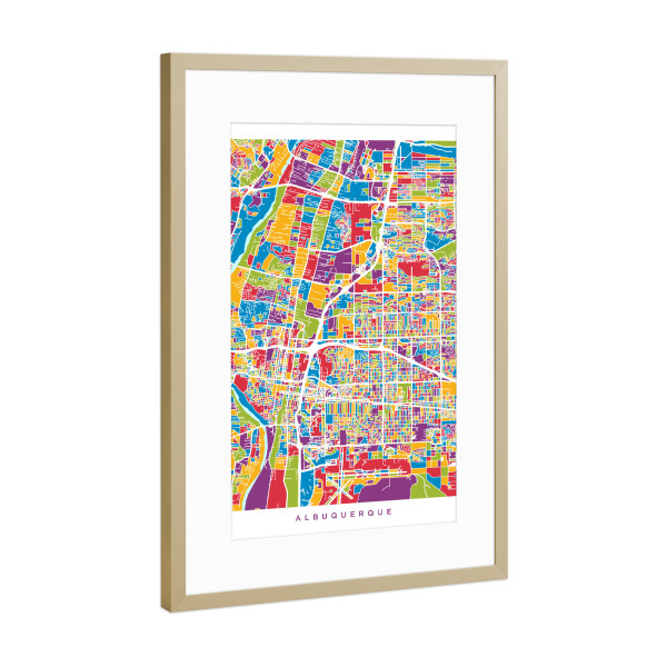 Poster mit Rahmen Gold "Albuquerque New Mexico City Street Map 2" artboxONE - Städte,Kartografie - Straßenkarte von albuquerque,New mexico,Usa