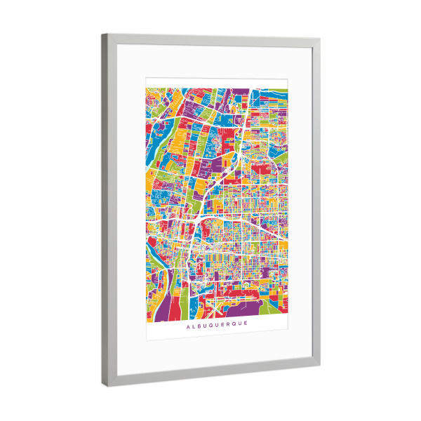 Poster mit Rahmen Silber "Albuquerque New Mexico City Street Map 2" artboxONE - Städte,Kartografie - Straßenkarte von albuquerque,New mexico,Usa