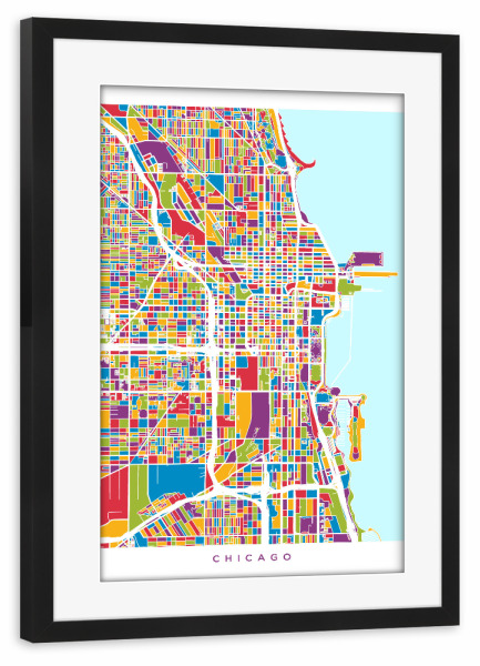 Poster mit Rahmen schwarz "Chicago City Street Map 2" artboxONE - Städte,Städte / Chicago,Kartografie