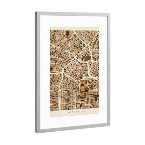 Poster mit Rahmen Silber "Los Angeles City Street Map" artboxONE - Städte,Städte / Los Angeles,Kartografie