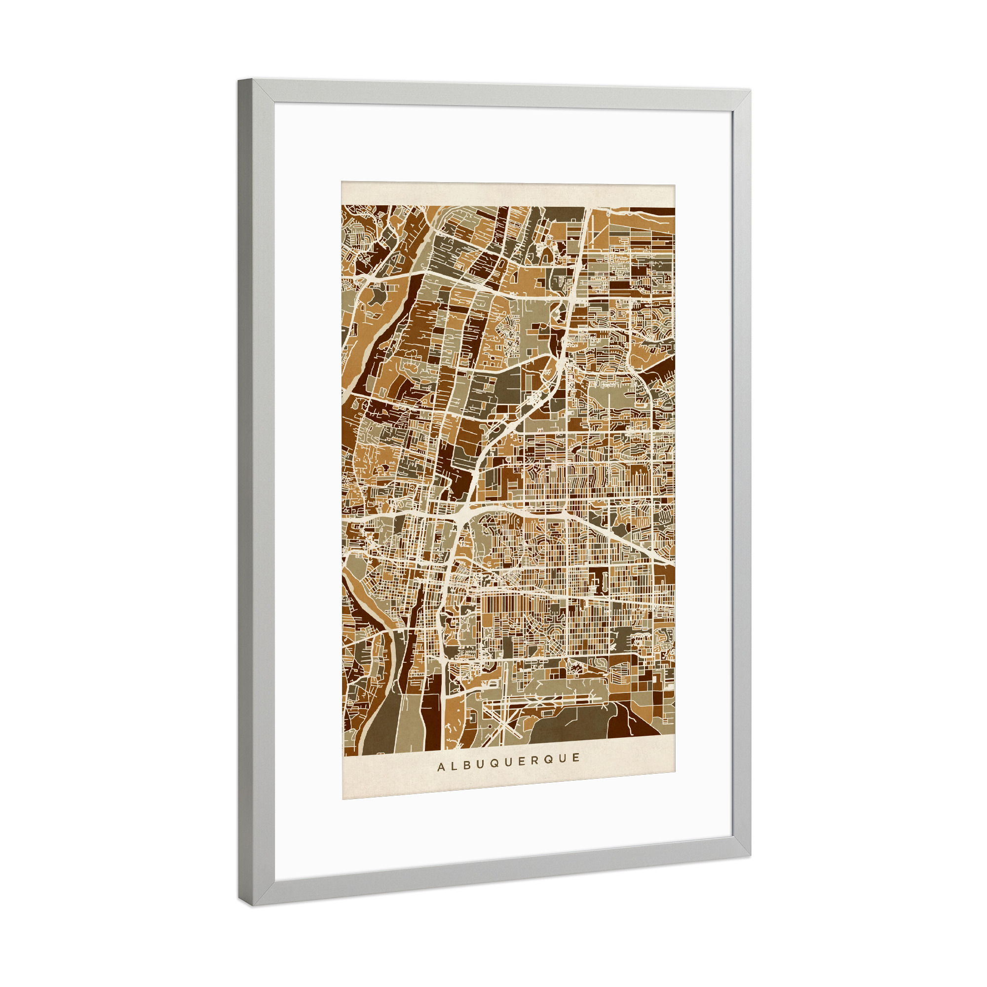 Poster mit Rahmen Silber "Albuquerque New Mexico City Street Map" artboxONE - Städte,Kartografie