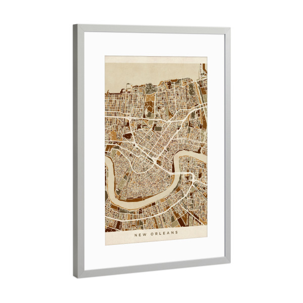 Poster mit Rahmen Silber "New Orleans Street Map" artboxONE - Städte,Kartografie