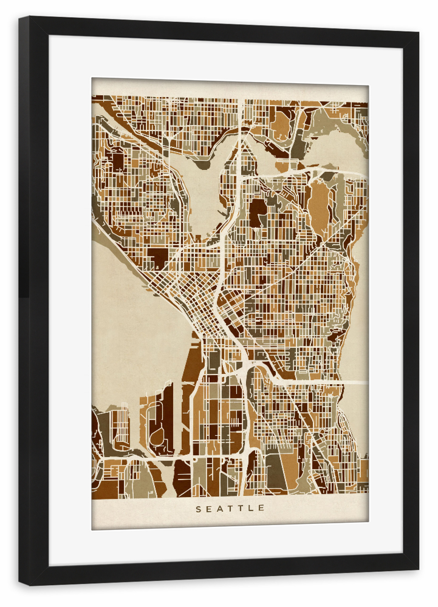 Poster mit Rahmen schwarz "Seattle Washington Street Map" artboxONE - Städte,Kartografie