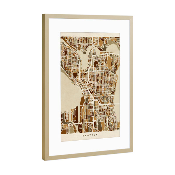 Poster mit Rahmen Gold "Seattle Washington Street Map" artboxONE - Städte,Kartografie