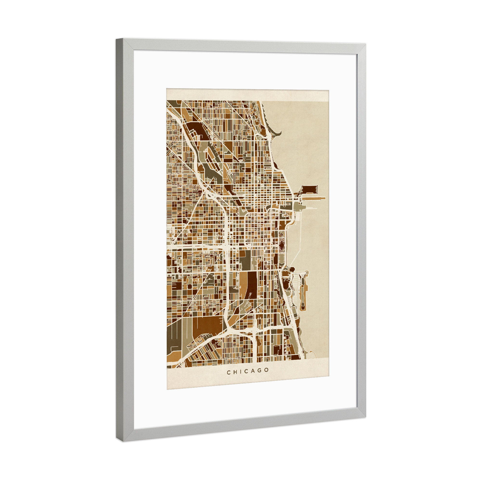Poster mit Rahmen Silber "Chicago City Street Map" artboxONE - Städte / Chicago,Kartografie