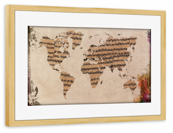 Poster mit Rahmen kiefer "World map 41 music world" artboxONE - Abstrakt,Musik,Kartografie
