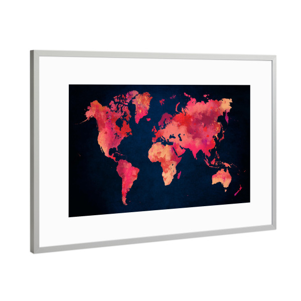 Poster mit Rahmen Silber "World map red" artboxONE - Kartografie