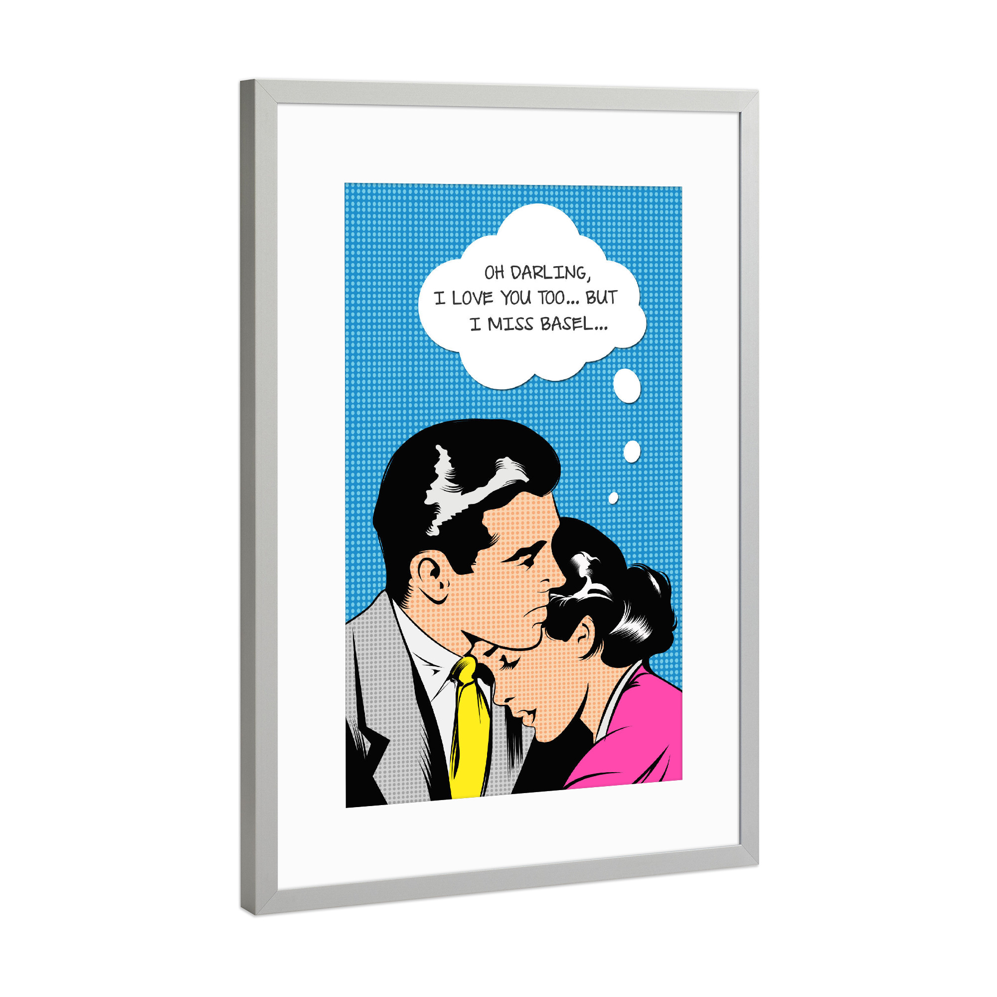 Poster mit Rahmen Silber "I miss Basel" artboxONE - Städte,Comic - Retro,Vintage,Comic,Popart,Paar,Liebe,Stadt,City,Basel,Schweiz
