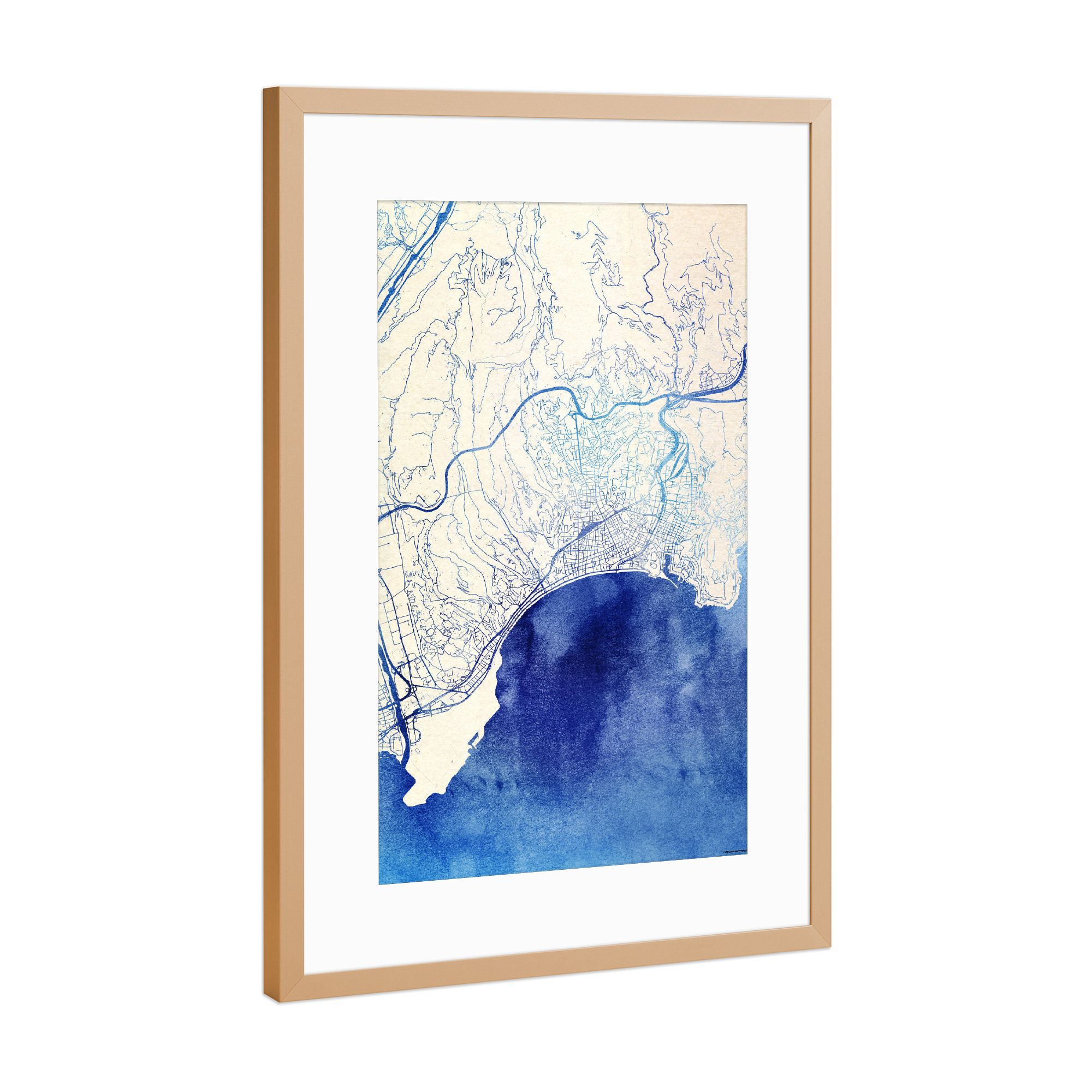 Poster mit Rahmen Kupfer "Nizza Frankreich Blue Infusion Map I" artboxONE - Städte,Reise,Kartografie - Städte,Stadtkarte,Wasserfarbe,Rosequartz