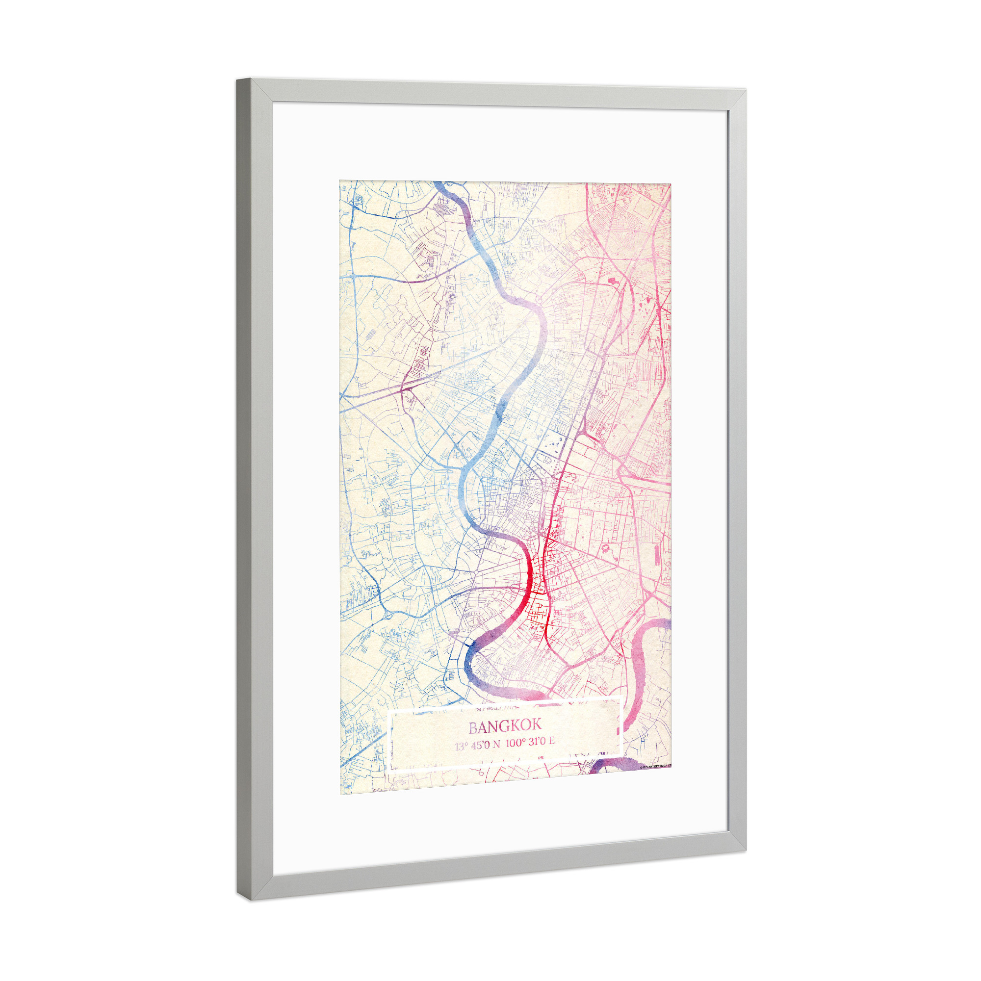 Poster mit Rahmen Silber "Bangkok Thailand Map Rose And Serenity I" artboxONE - Städte,Reise,Kartografie - Städte,Stadtkarte,Wasserfarbe,Rosequartz