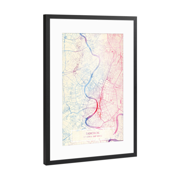 Poster mit Rahmen Schwarz (Metallic) "Bangkok Thailand Map Rose And Serenity I" artboxONE - Städte,Reise,Kartografie