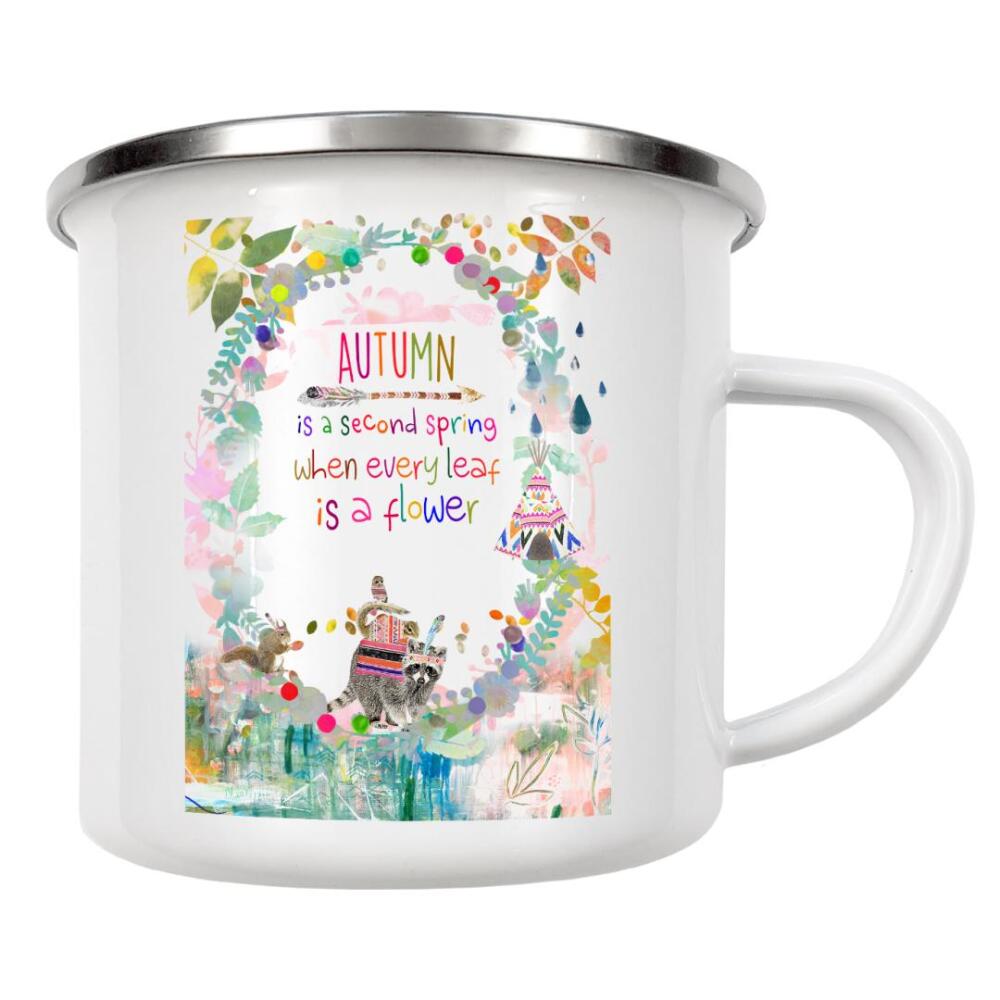 Emaille Tasse "Boho Herbst" artboxONE - Für Kinder - Boho,Kinderzimmer,Tiere,Natur,Spruch,Waschbär,Collage,Vintage,Retro,Nostalgie,Süß,Witzig