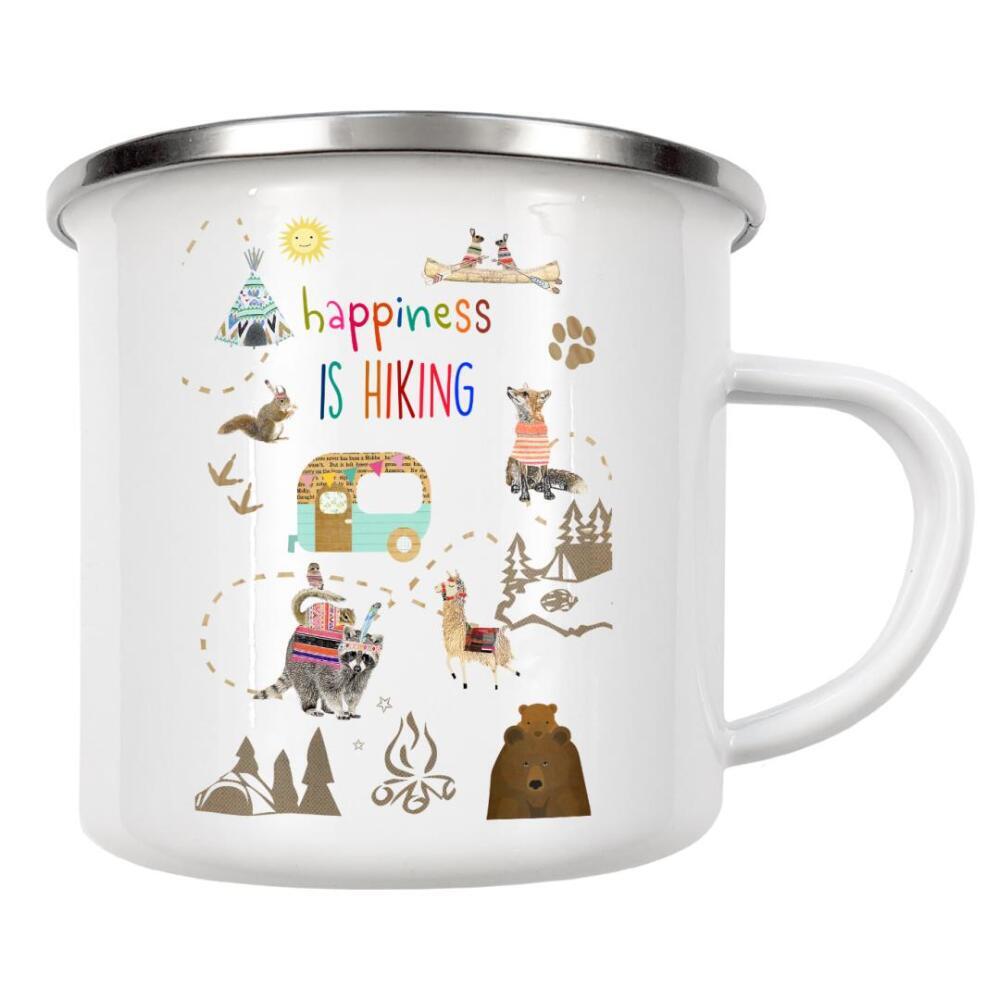 Emaille Tasse "Happiness is hiking" artboxONE - Für Kinder - Boho,Kinder,Geschenk,Kinderzimmer,Wandern,Camping,Tippi,Indianer,Süß,Witzig,Fuchs,Bär