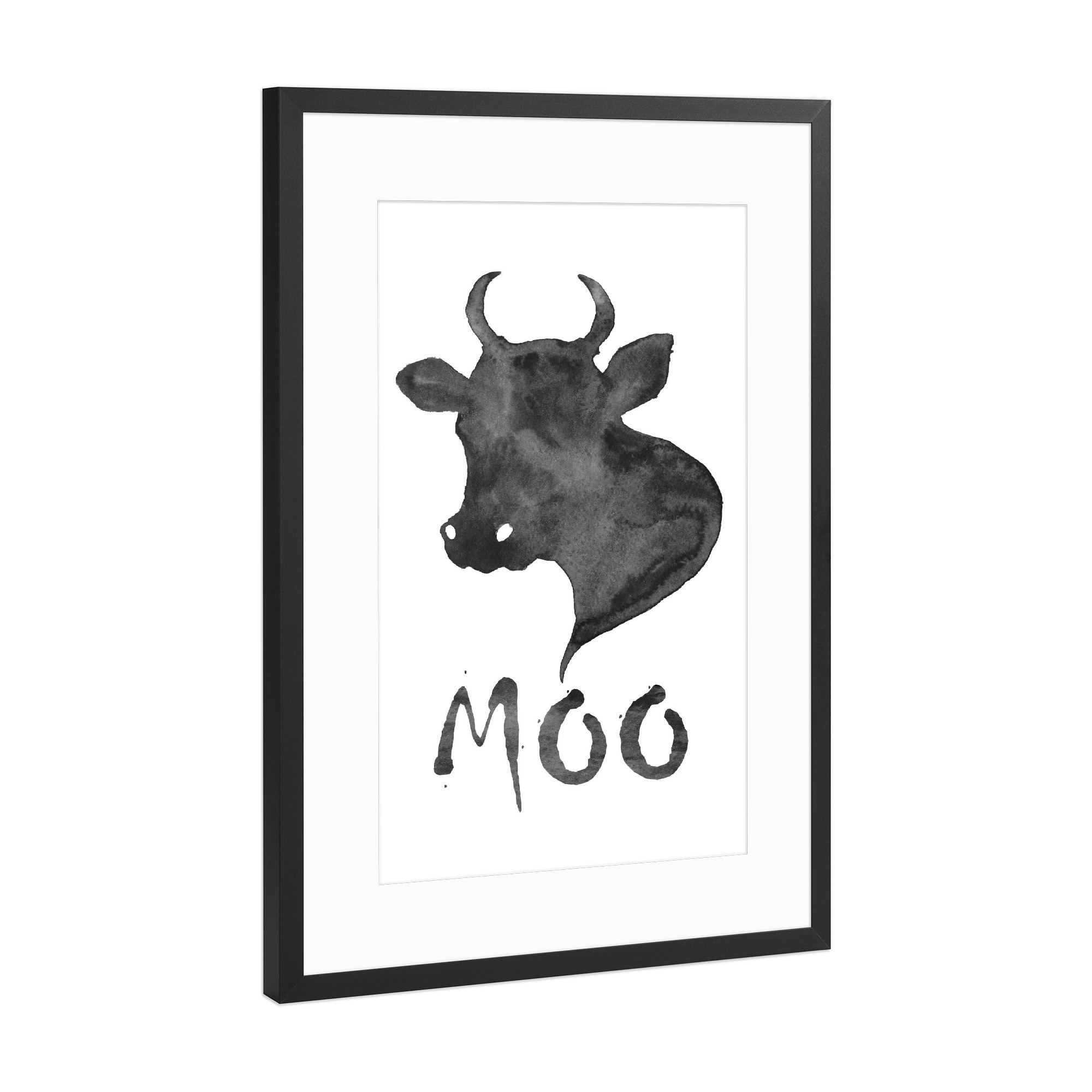 Poster mit Rahmen Schwarz (Metallic) "Moo Print, Cow Watercolor" artboxONE - Tiere,Schwarzweiß