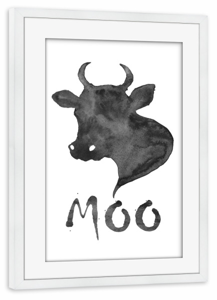 Poster mit Rahmen weiß "Moo Print, Cow Watercolor" artboxONE - Tiere,Schwarzweiß