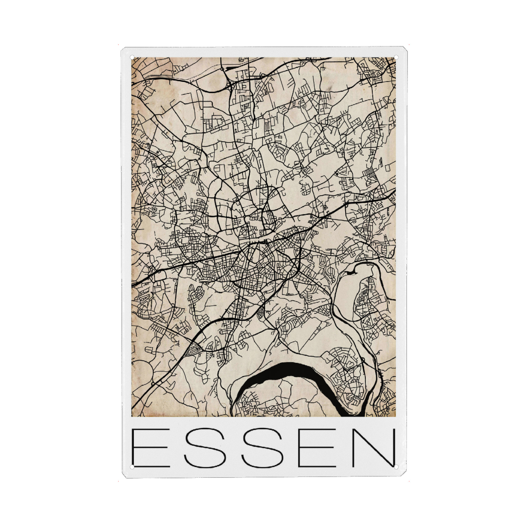 Holzbild "Retro Map Essen City Map" artboxONE - Städte,Reise,Schwarzweiß - Retro,Map,Essen,City,Map,Germany,Deutschland,Karte,Stadt