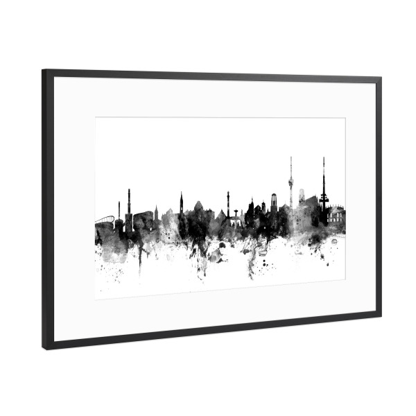 Poster mit Rahmen Schwarz (Metallic) "Stuttgart Germany Skyline" artboxONE - Städte,Reise,Schwarzweiß,Städte / Stuttgart