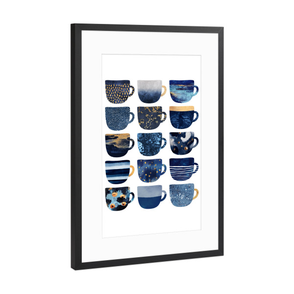 Poster mit Rahmen Schwarz (Metallic) "Pretty Blue Coffee Cups" artboxONE - Essen & Trinken