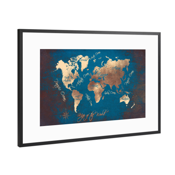 Poster mit Rahmen Schwarz (Metallic) "World map 66 blue" artboxONE - Typografie,Kartografie - Weltkarte,Blau