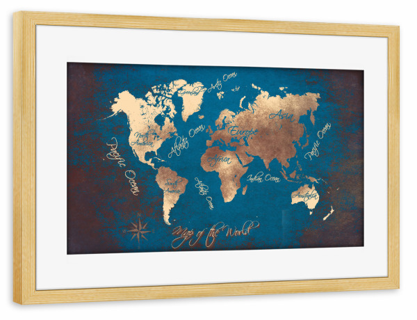 Poster mit Rahmen kiefer "World map 66 blue" artboxONE - Typografie,Kartografie - Weltkarte,Blau