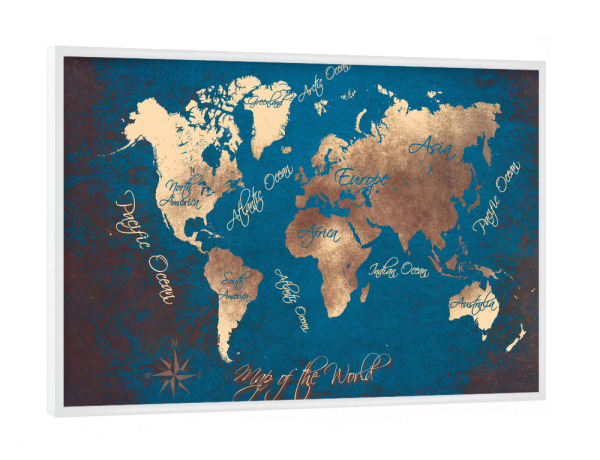 Poster mit weißem Rahmen "World map 66 blue" artboxONE - Typografie,Kartografie - Weltkarte,Blau