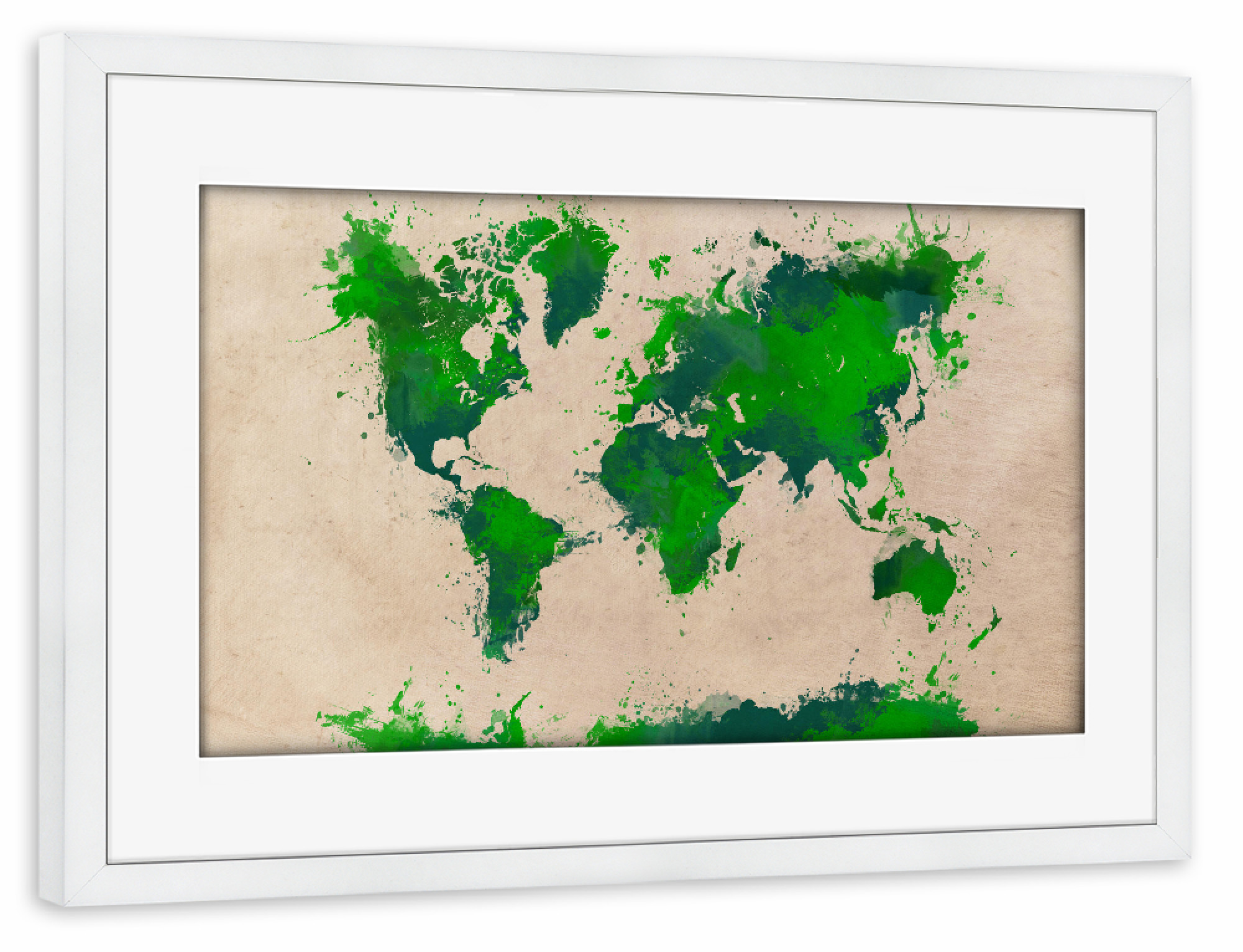 Poster mit Rahmen weiß "World map 65 green" artboxONE - Typografie,Kartografie