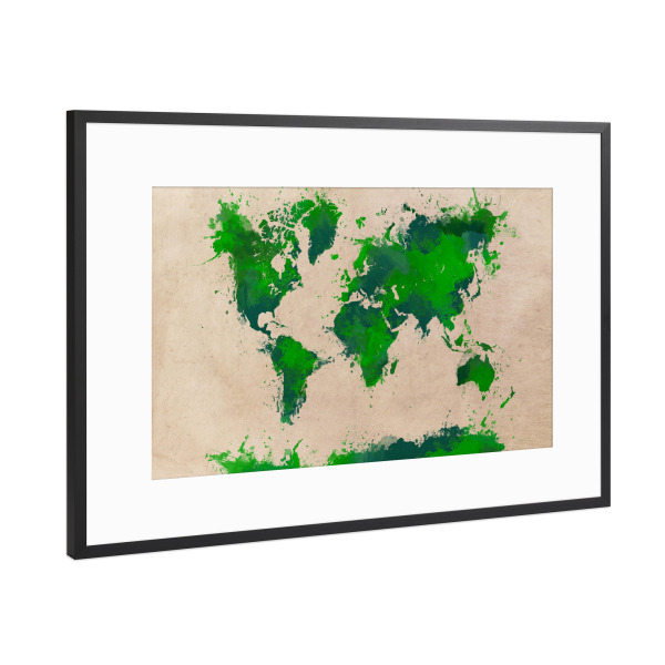 Poster mit Rahmen Schwarz (Metallic) "World map 65 green" artboxONE - Typografie,Kartografie