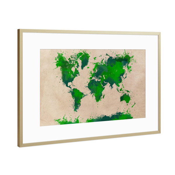 Poster mit Rahmen Gold "World map 65 green" artboxONE - Typografie,Kartografie