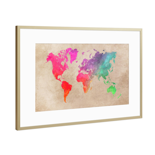 Poster mit Rahmen Gold "World map 63 color" artboxONE - Kartografie