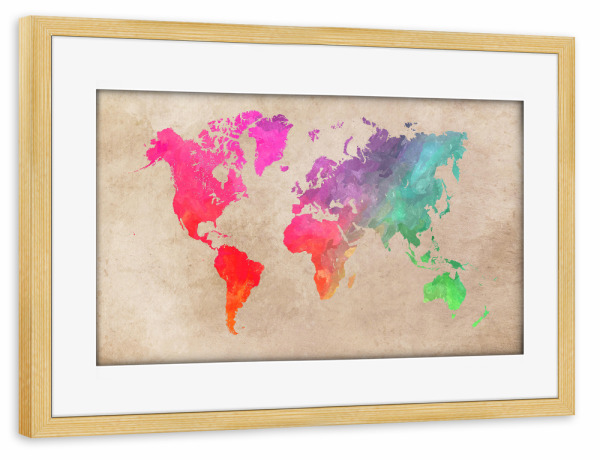 Poster mit Rahmen kiefer "World map 63 color" artboxONE - Kartografie