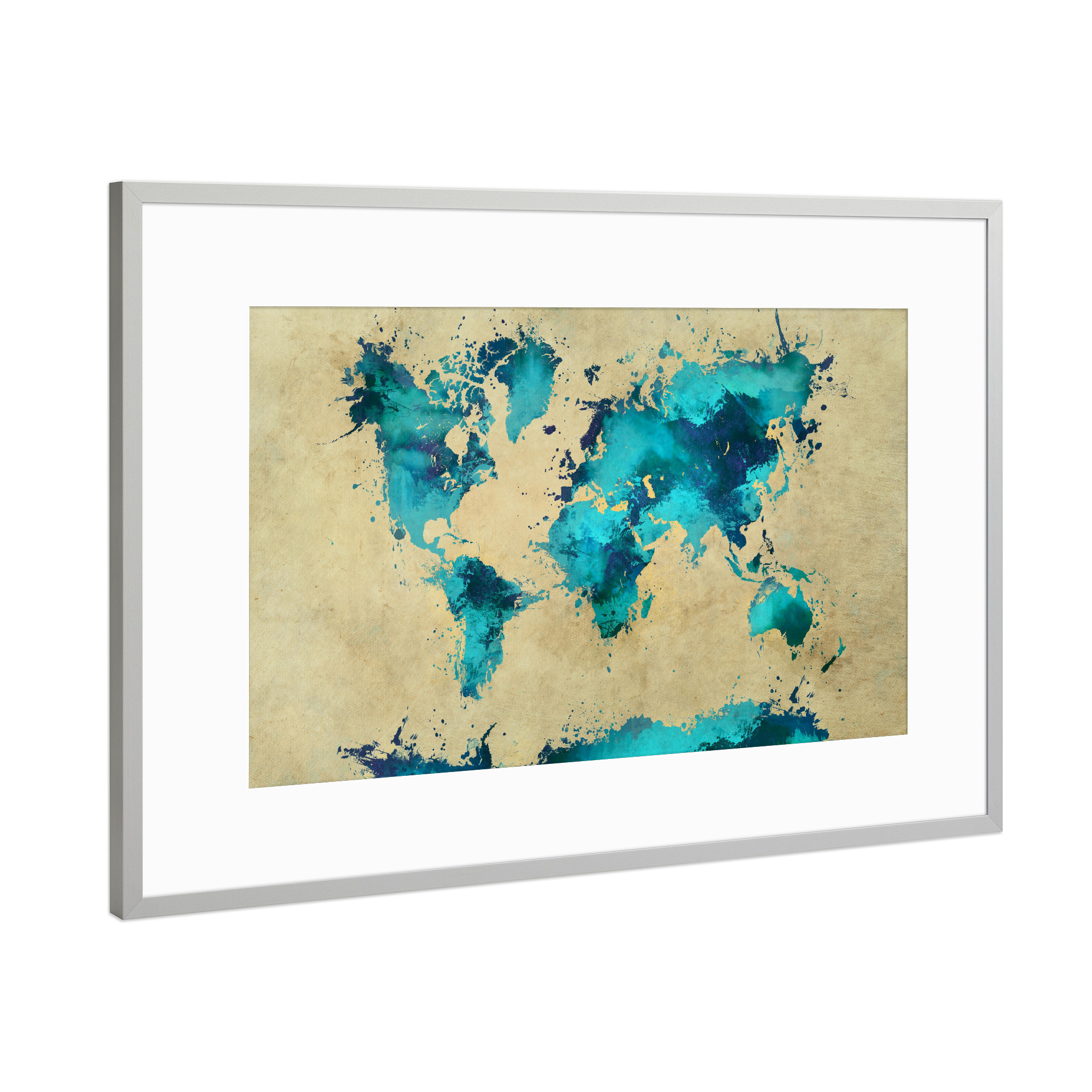 Poster mit Rahmen Silber "World map blue splash" artboxONE - Typografie,Kartografie