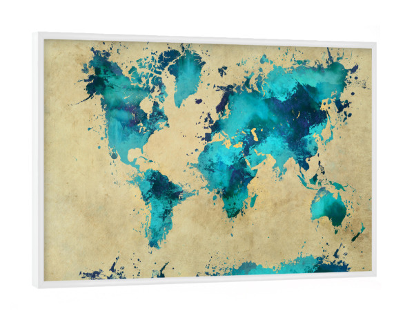 Poster mit weißem Rahmen "World map blue splash" artboxONE - Typografie,Kartografie