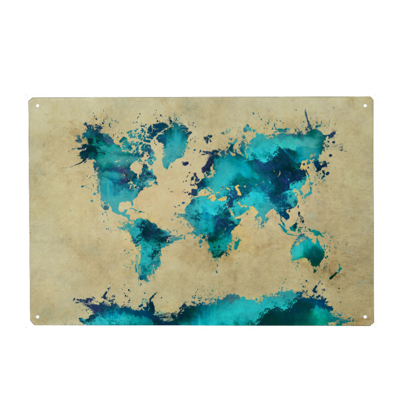 Holzbild "World map blue splash" artboxONE - Typografie,Kartografie