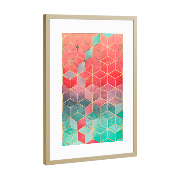 Poster mit Rahmen Gold "Rose And Turquoise Cubes" artboxONE - Abstrakt,Geometrie
