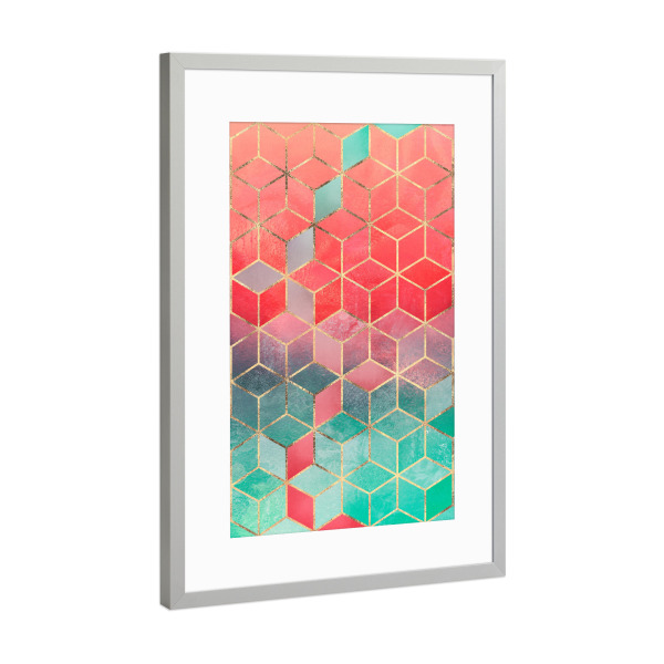 Poster mit Rahmen Silber "Rose And Turquoise Cubes" artboxONE - Abstrakt,Geometrie
