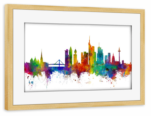 Poster mit Rahmen kiefer "Frankfurt Germany Skyline" artboxONE - Städte,Reise,Städte / Frankfurt - Germany,Frankfurt,Skyline,Wasserfarben,Bunt,Stadt
