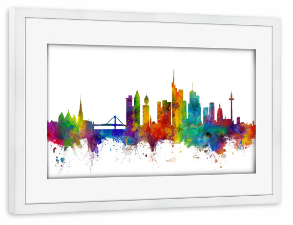 Poster mit Rahmen weiß "Frankfurt Germany Skyline" artboxONE - Städte,Reise,Städte / Frankfurt - Germany,Frankfurt,Skyline,Wasserfarben,Bunt,Stadt
