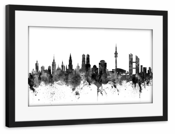 Poster mit Rahmen schwarz "München Germany Skyline bw" artboxONE - Städte,Städte / München,Reise,Schwarzweiß