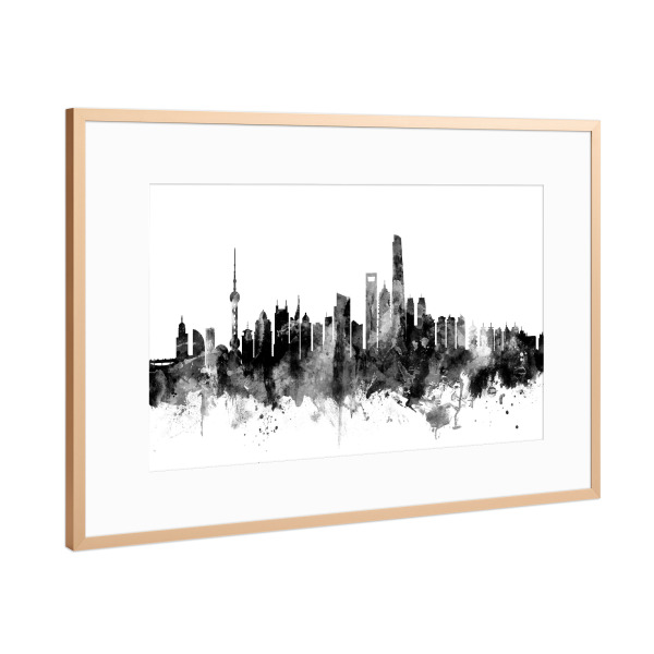 Poster mit Rahmen Kupfer "Shanghai China Skyline" artboxONE - Städte,Reise,Schwarzweiß,Städte / Shanghai