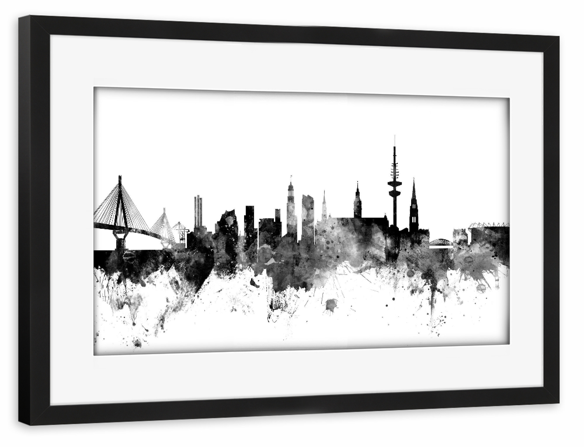 Poster mit Rahmen schwarz "Skyline Hamburg" artboxONE - Städte,Städte / Hamburg,Reise,Schwarzweiß